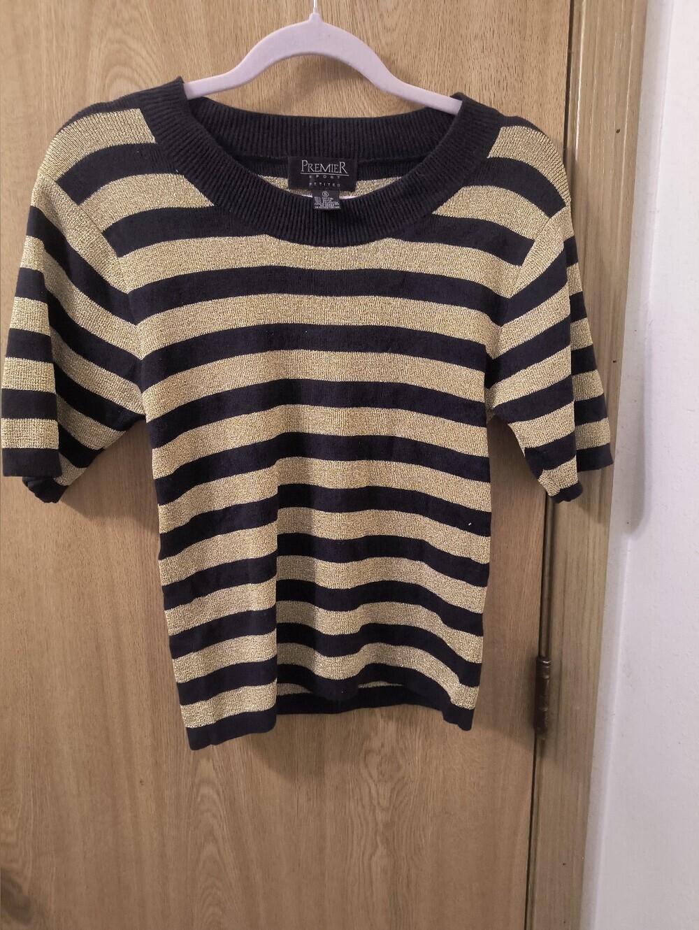 Vtg 90s Premier Sport Metallic Gold Black Striped Shimmer Knit Top Blouse Petite